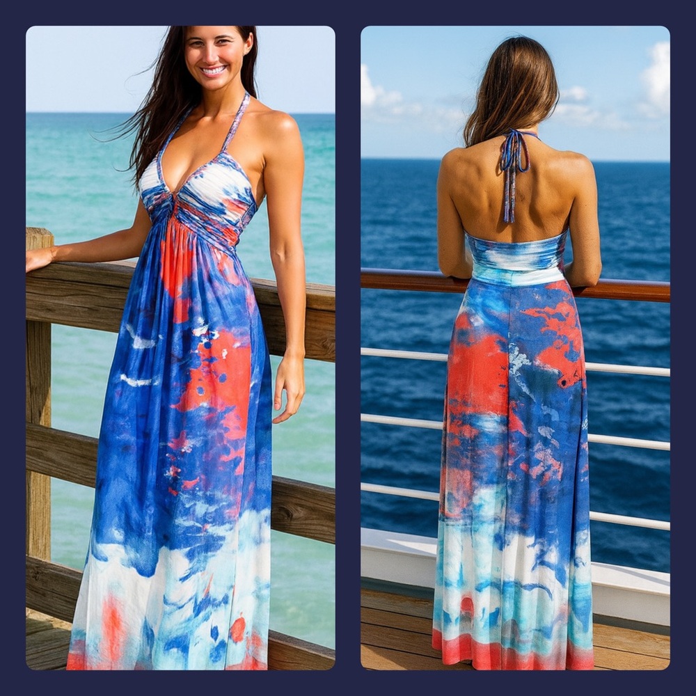 - Cynthia Rowley Halter Blue Coral Style Maxi Dress Size Medium